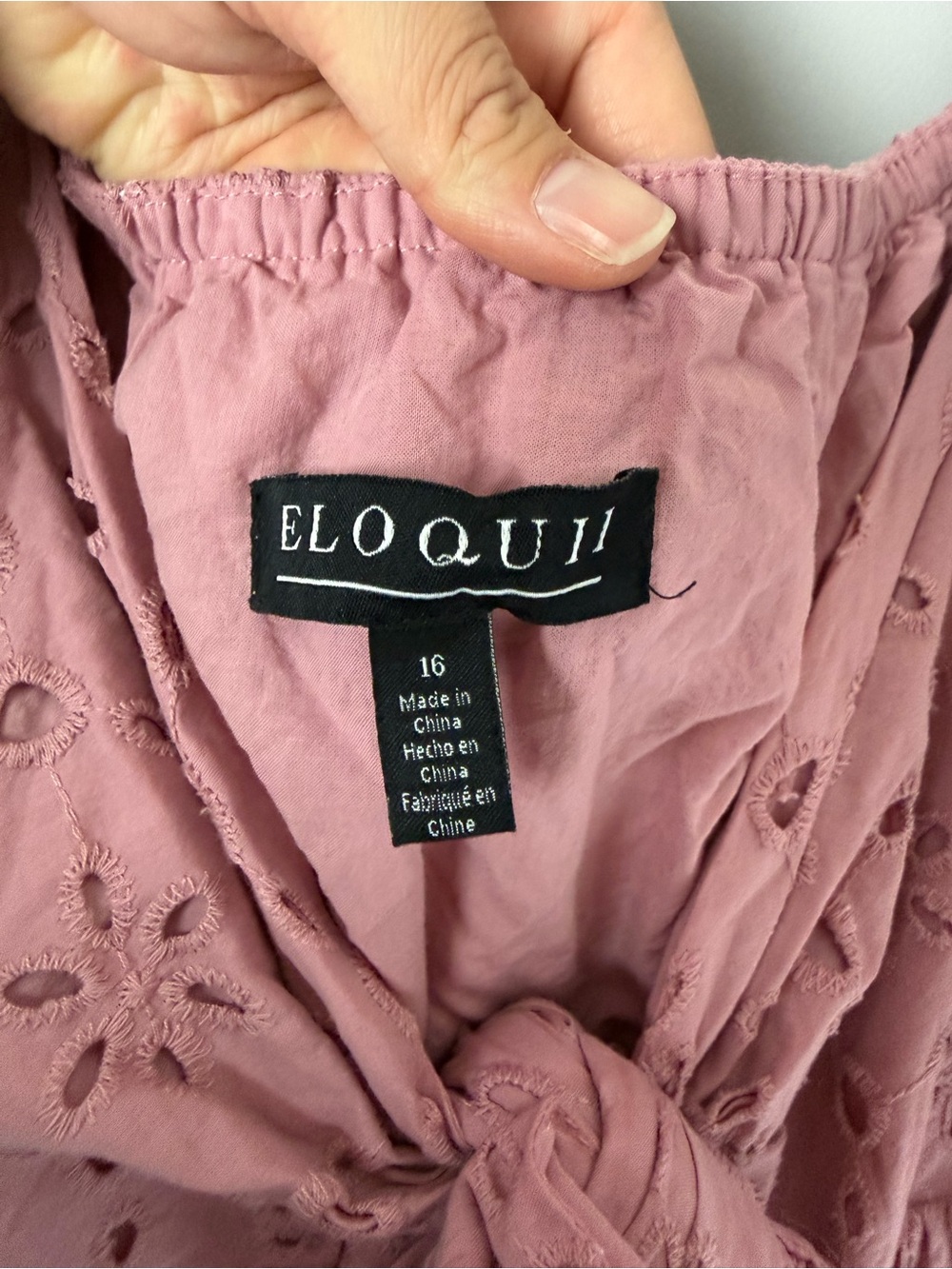 Eloquii Woman’s Eyelet Detain Tie Front Puff Sleeve Maxi Dress SZ 16 Pink Mauve - Picture 6 of 10